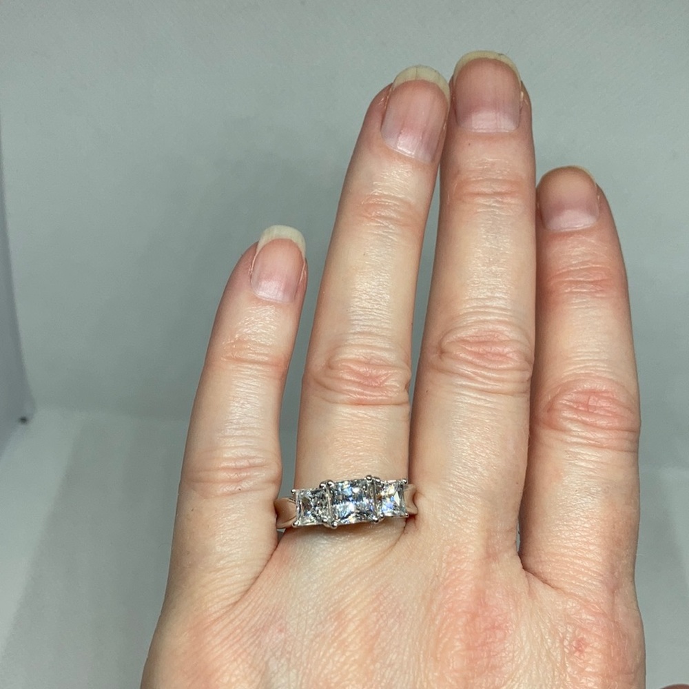 NWT J. Francis 3 Swarovski Princess Cut Platinum over Sterling Silver Ring J72